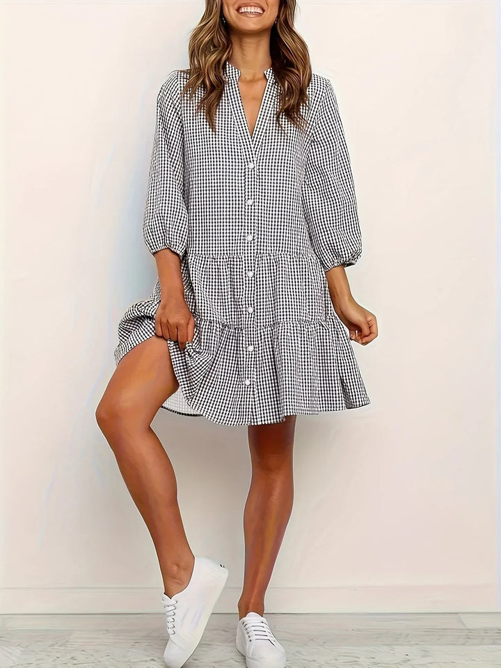 Checked Mini Dress with 3/4 Sleeves and Button Collar for Women