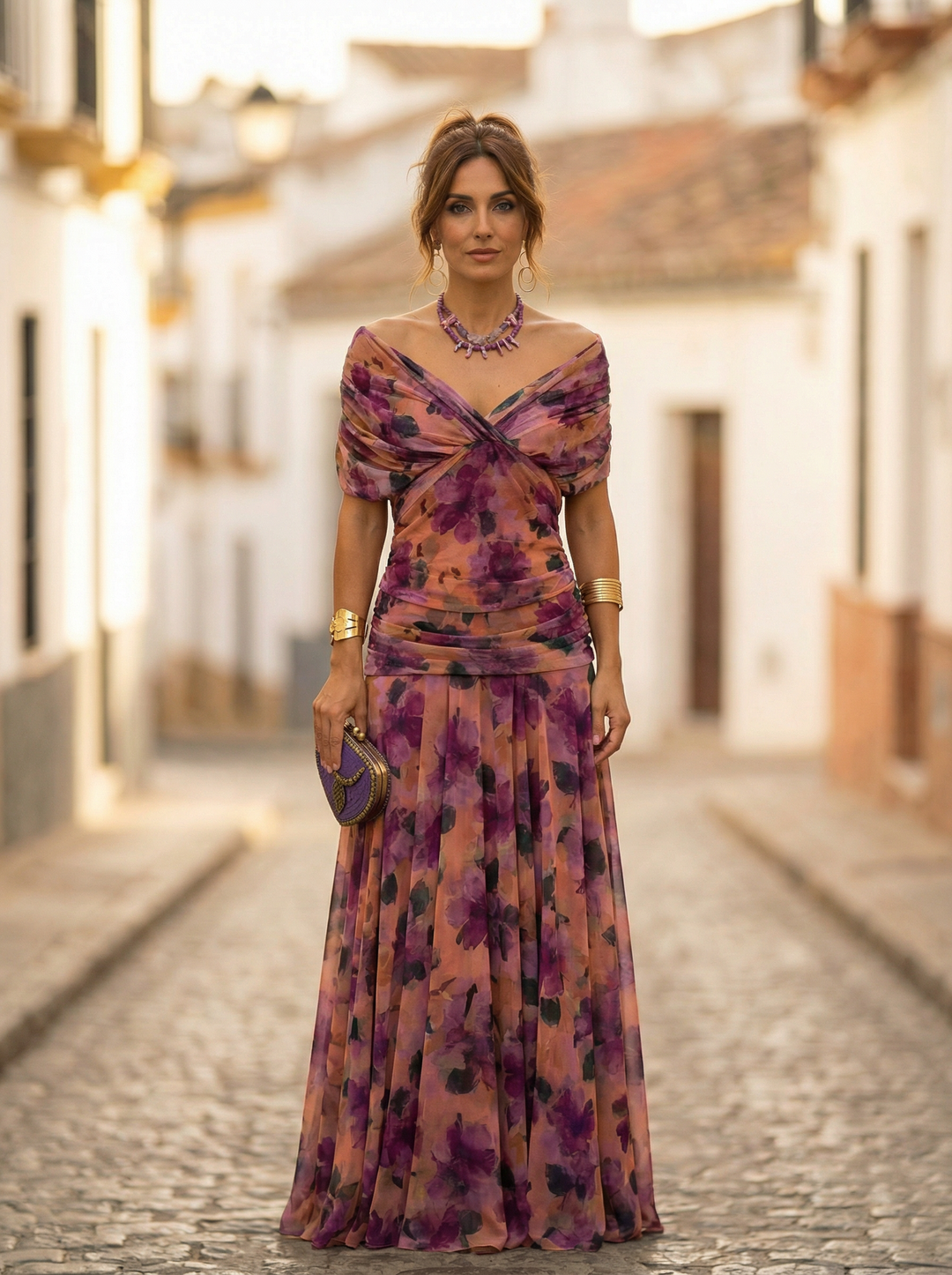 Womens Maxi Dress with Off Shoulder Neckline Gathered Waist and Drap