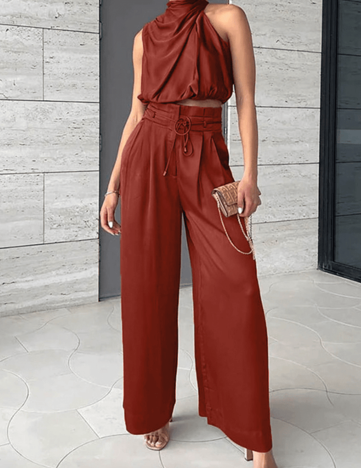 Two Piece Set Women Sleeveless Top Wide Leg Pants Elegant Fit