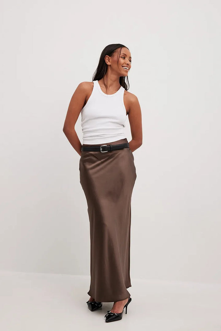 Satin Midi Skirt High Waist Casual Elegant Style