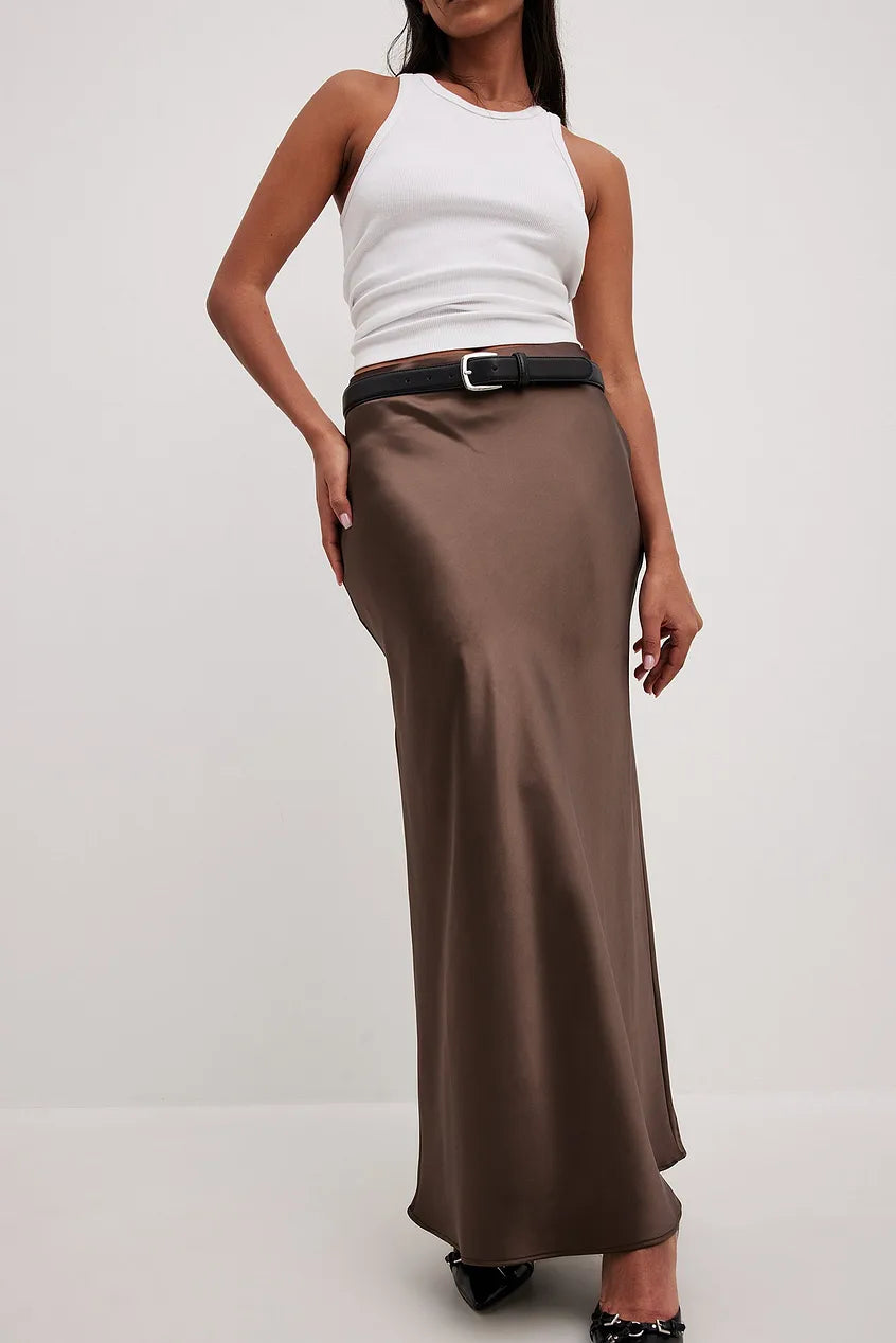 Satin Midi Skirt High Waist Casual Elegant Style