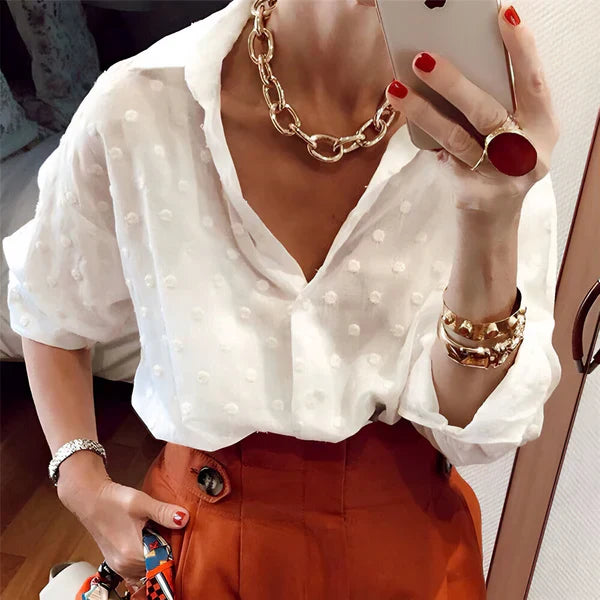 Blouse Button Up Long Sleeve Polka Dot Relaxed Fit Casual Style