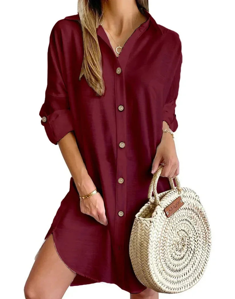 Button-Up Shirt Dress with Classic Collar for Women