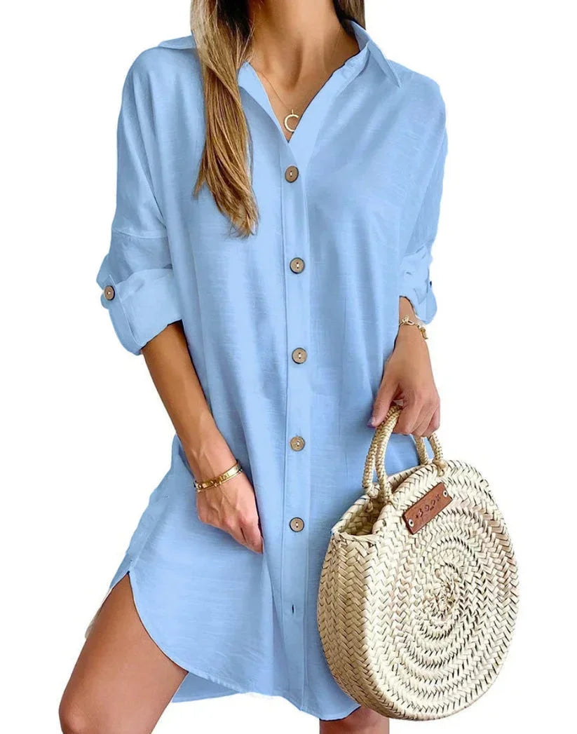 Button-Up Shirt Dress with Classic Collar for Women