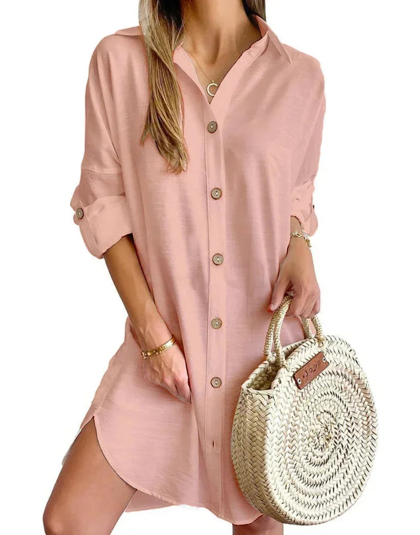 Button-Up Shirt Dress with Classic Collar for Women
