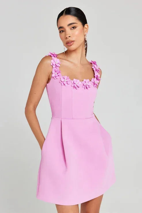 Short Sleeveless Dress Floral Appliqué Neckline for Women