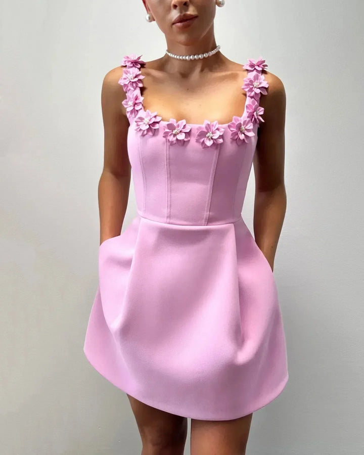 Short Sleeveless Dress Floral Appliqué Neckline for Women