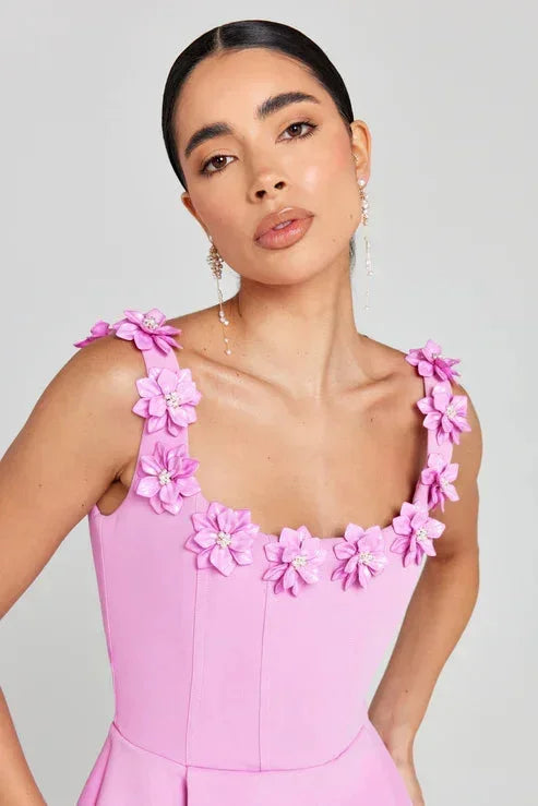 Short Sleeveless Dress Floral Appliqué Neckline for Women