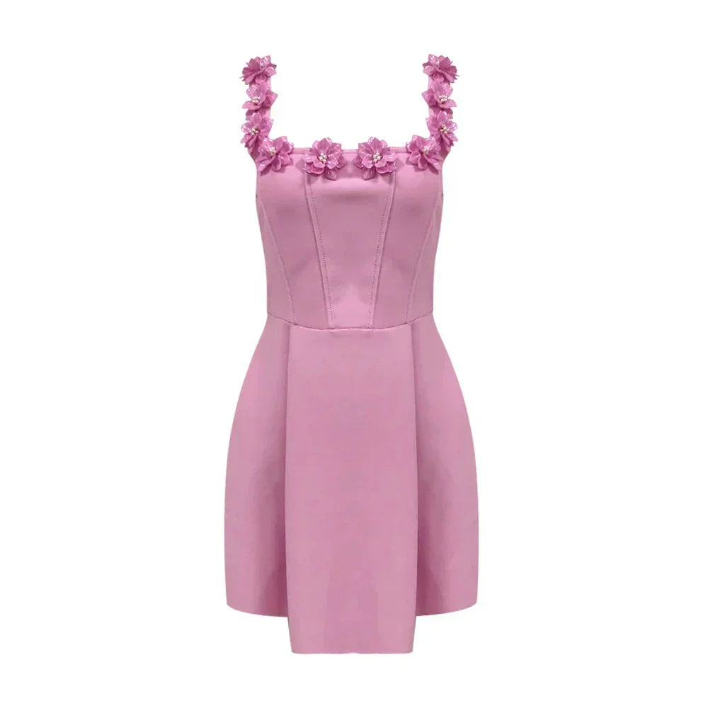 Short Sleeveless Dress Floral Appliqué Neckline for Women