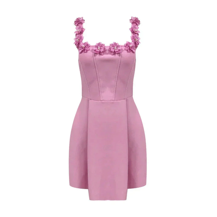 Short Sleeveless Dress Floral Appliqué Neckline for Women