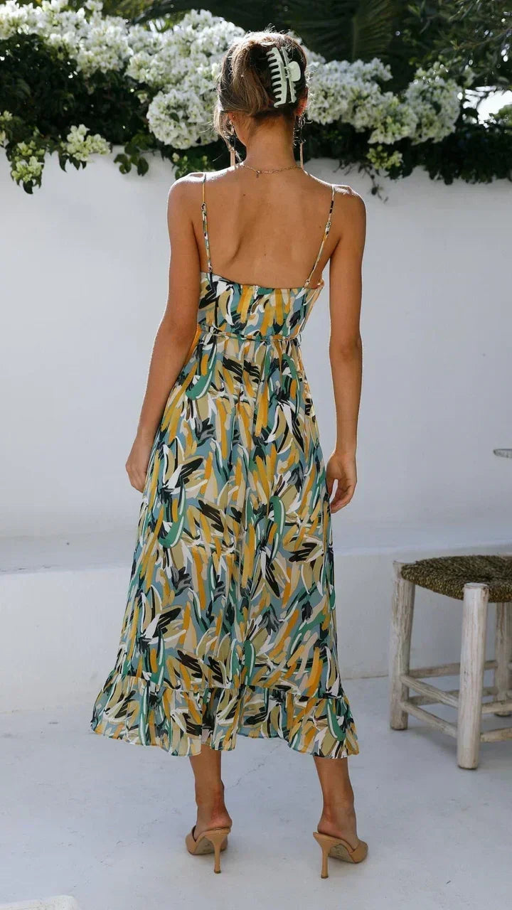Long Womens Dress with Thin Straps and Floral Print