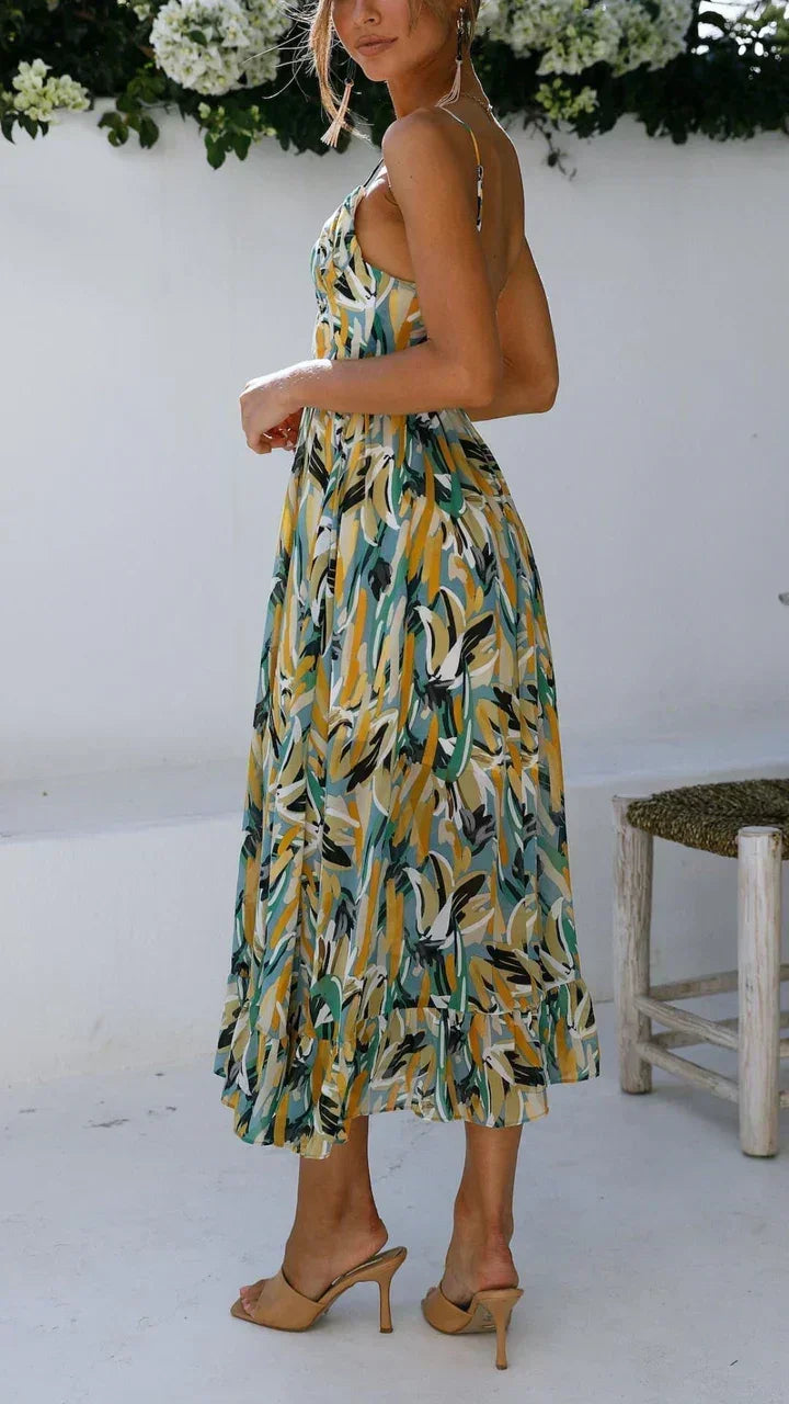 Long Womens Dress with Thin Straps and Floral Print