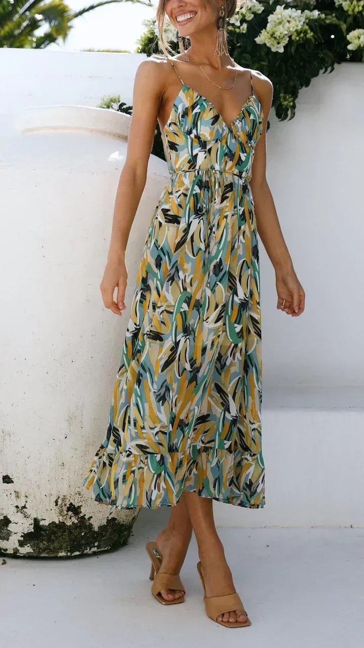 Long Womens Dress with Thin Straps and Floral Print