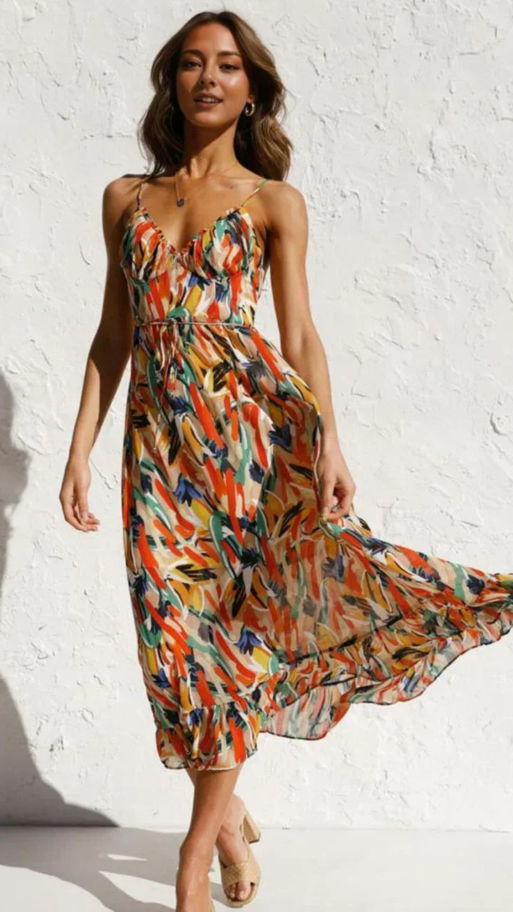Long Womens Dress with Thin Straps and Floral Print