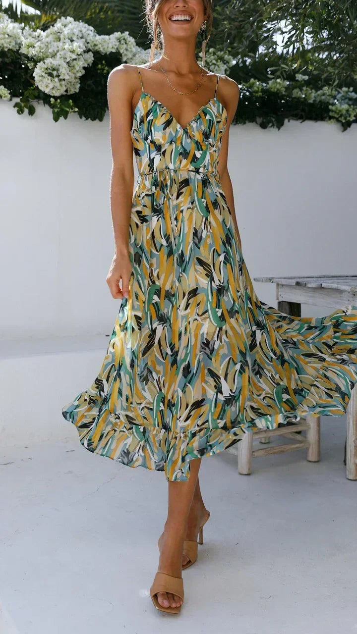 Long Womens Dress with Thin Straps and Floral Print
