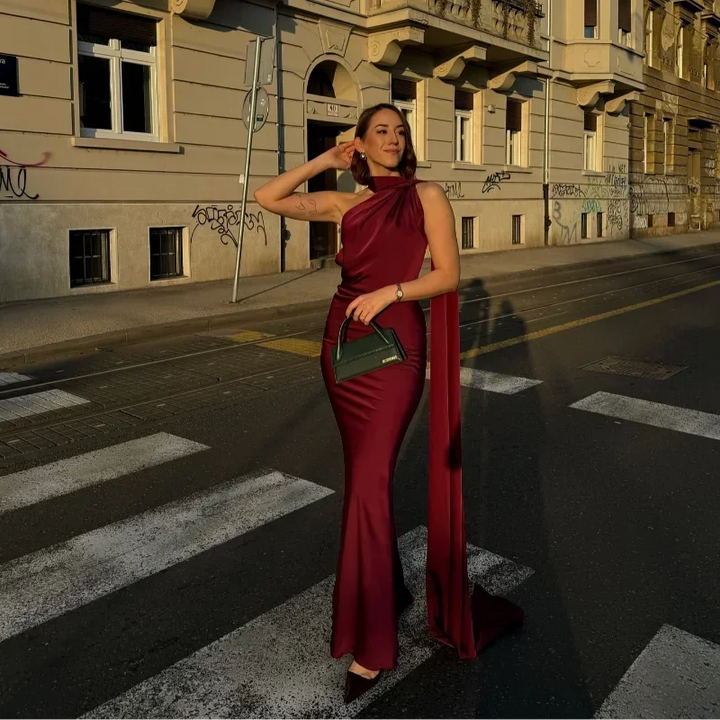 Dress One Shoulder Draped Maxi Elegant Evening Style