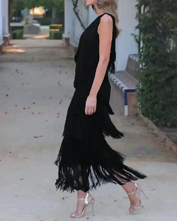 One Shoulder Fringe Maxi Dress for Women