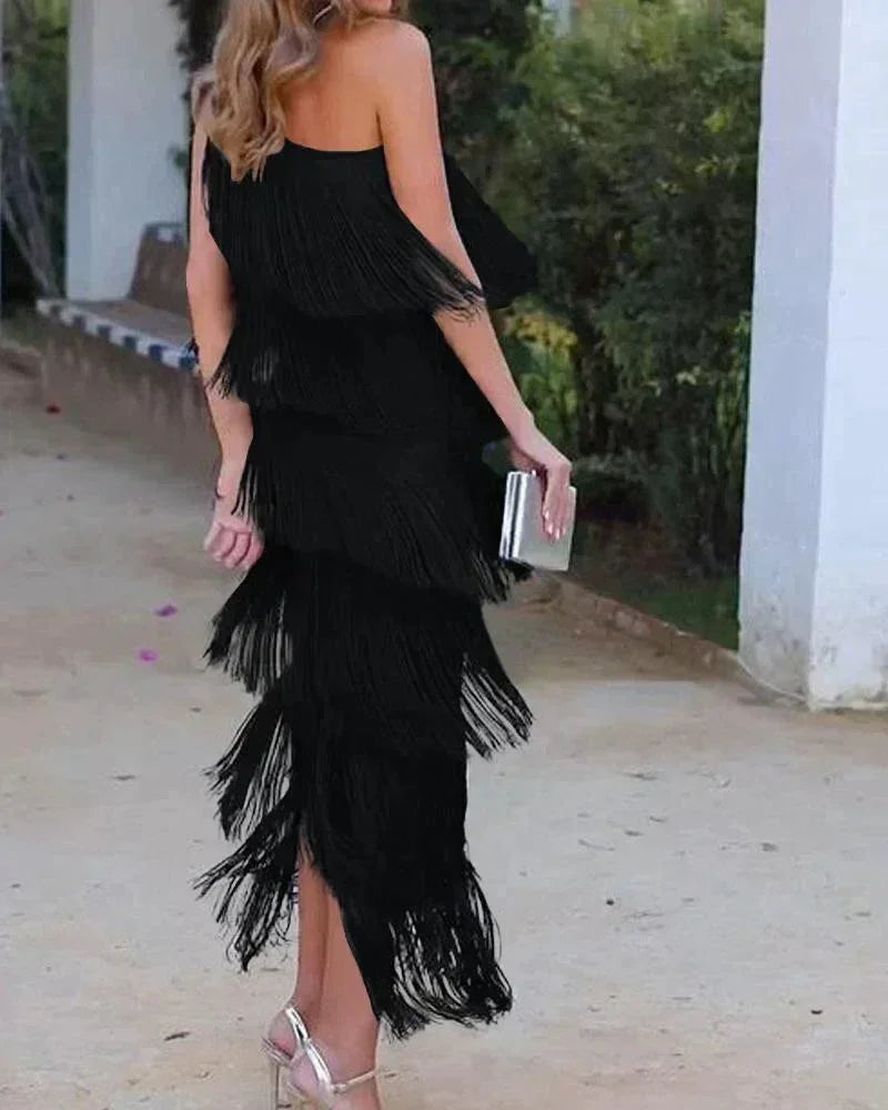 One Shoulder Fringe Maxi Dress for Women