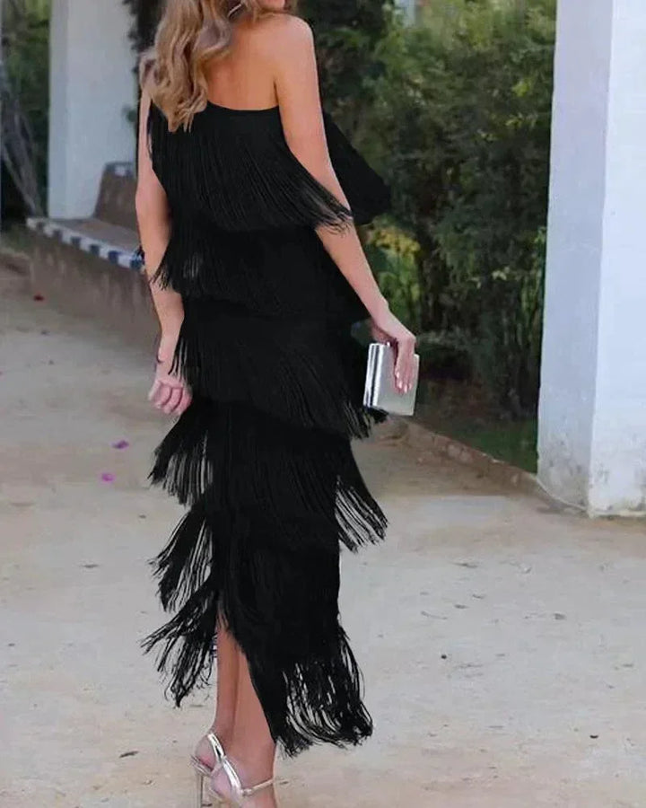 One Shoulder Fringe Maxi Dress for Women
