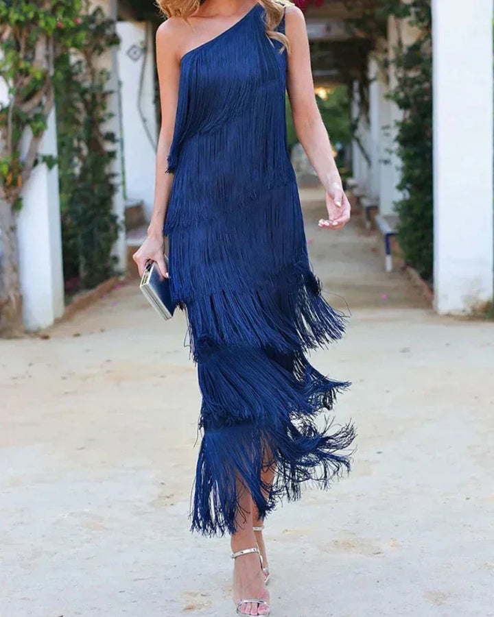 One Shoulder Fringe Maxi Dress for Women
