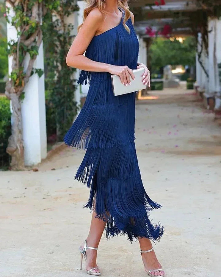 One Shoulder Fringe Maxi Dress for Women