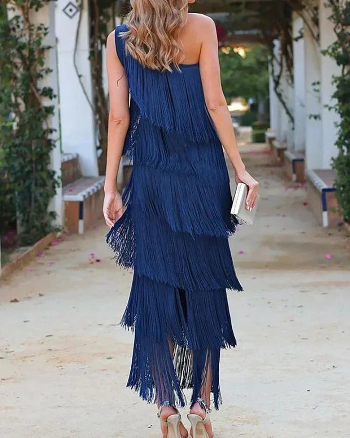 One Shoulder Fringe Maxi Dress for Women