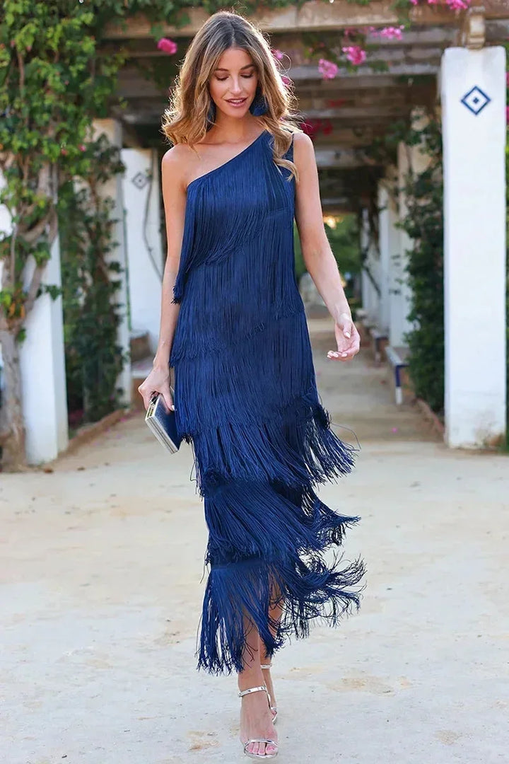 One Shoulder Fringe Maxi Dress for Women
