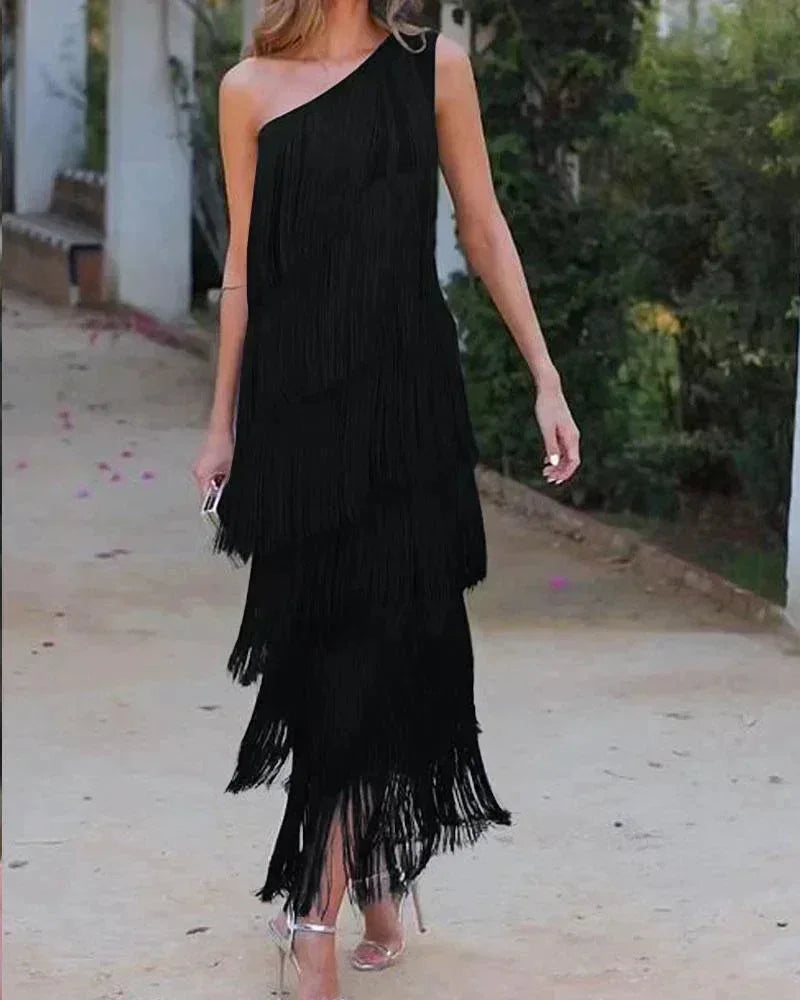 One Shoulder Fringe Maxi Dress for Women