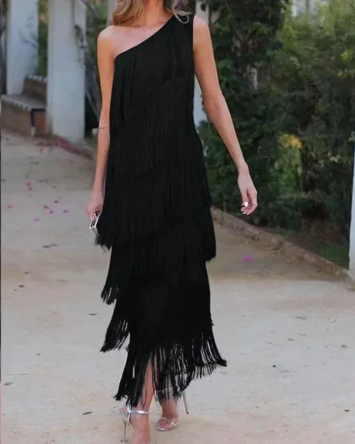 One Shoulder Fringe Maxi Dress for Women