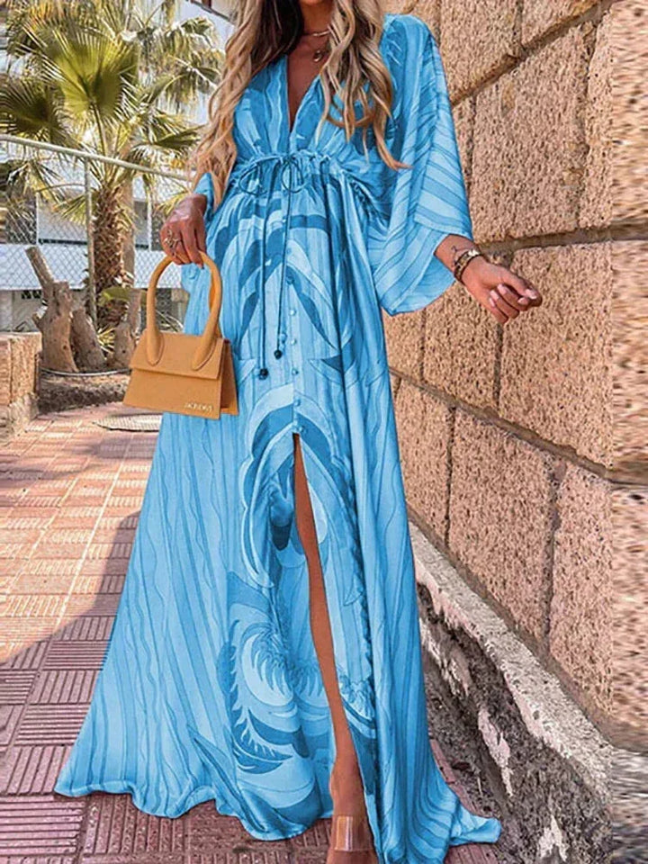 Long Womens Patterned Dress with Belt and Long Sleeves