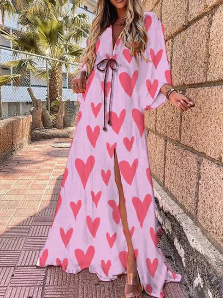 Long Womens Patterned Dress with Belt and Long Sleeves