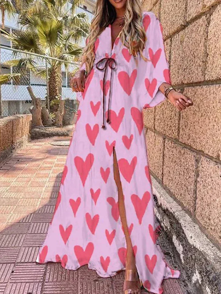 Long Womens Patterned Dress with Belt and Long Sleeves
