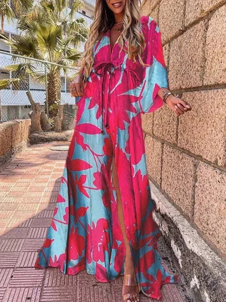 Long Womens Patterned Dress with Belt and Long Sleeves