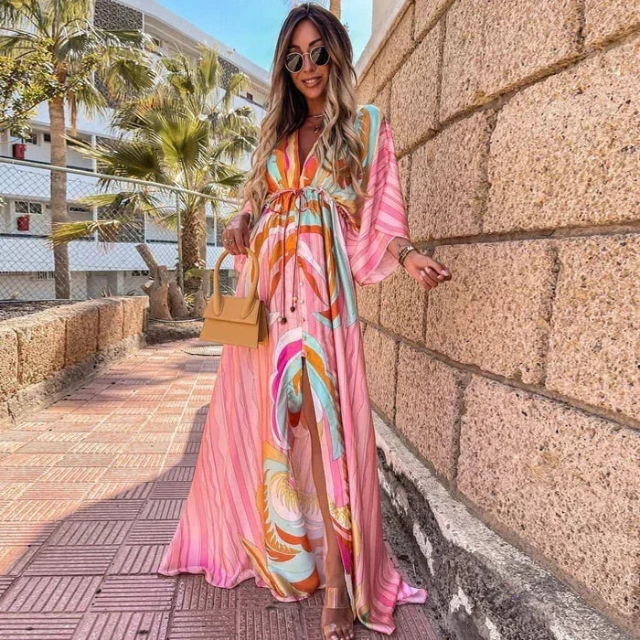 Long Womens Patterned Dress with Belt and Long Sleeves