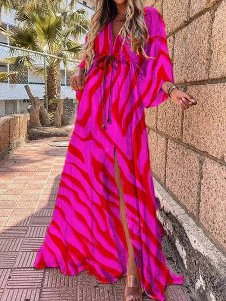 Long Womens Patterned Dress with Belt and Long Sleeves