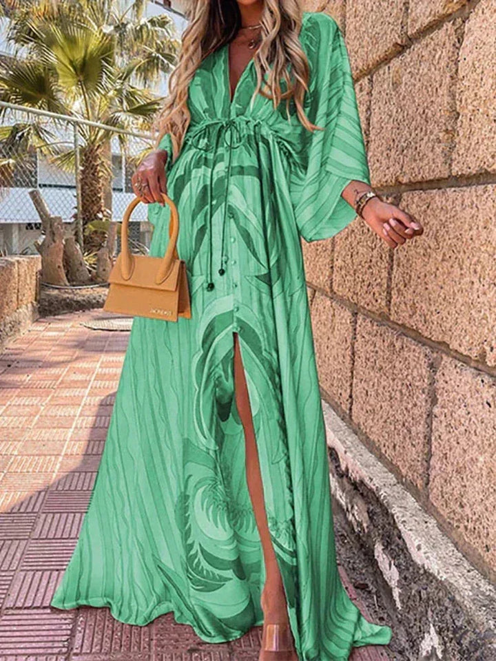 Long Womens Patterned Dress with Belt and Long Sleeves