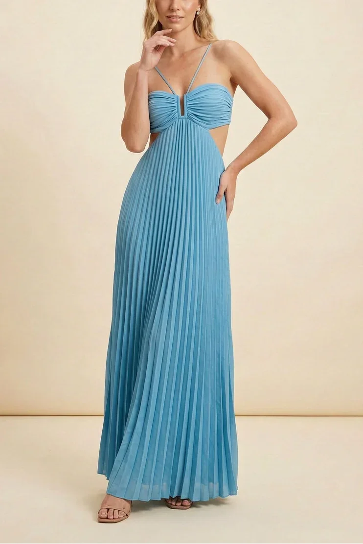 Long Pleated Dress for Women with Open Back