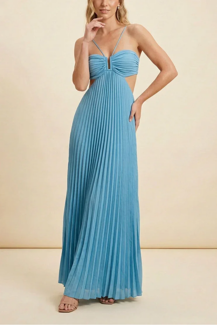 Long Pleated Dress for Women with Open Back
