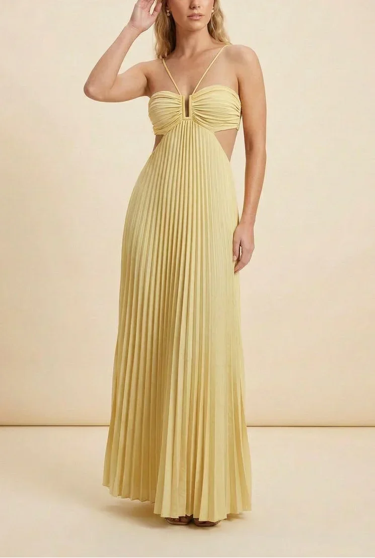 Long Pleated Dress for Women with Open Back