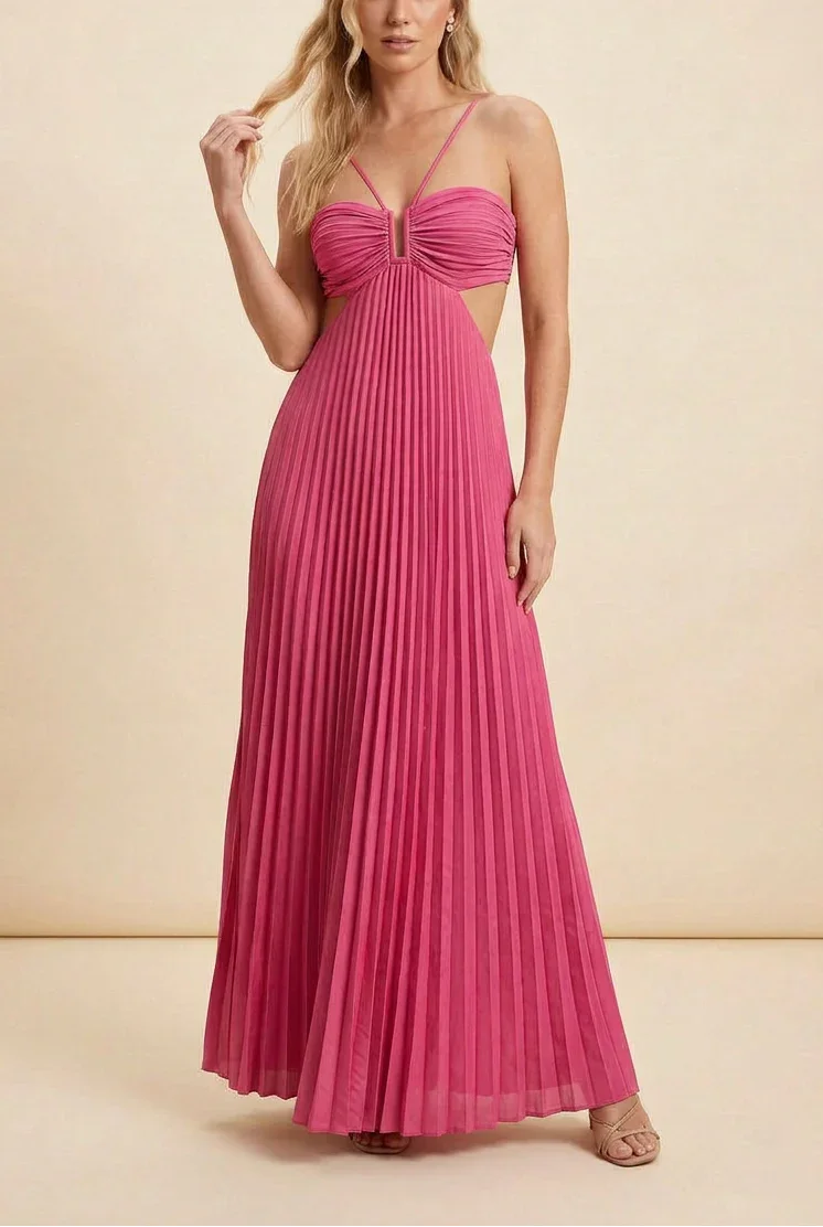 Long Pleated Dress for Women with Open Back