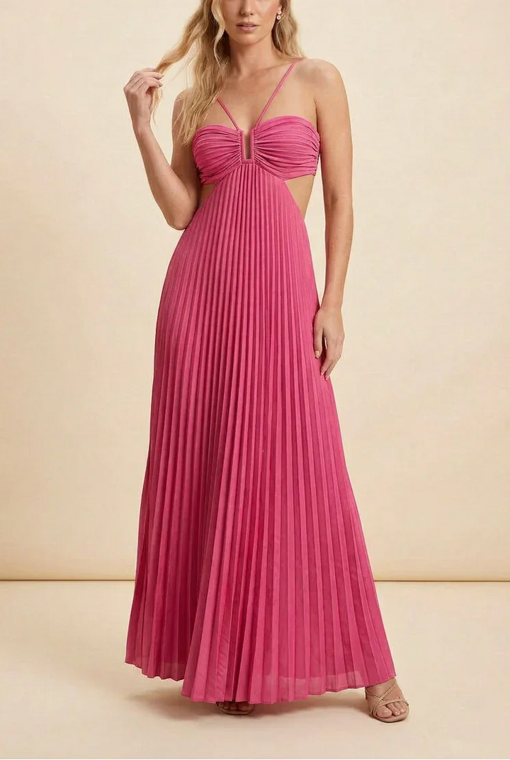 Long Pleated Dress for Women with Open Back