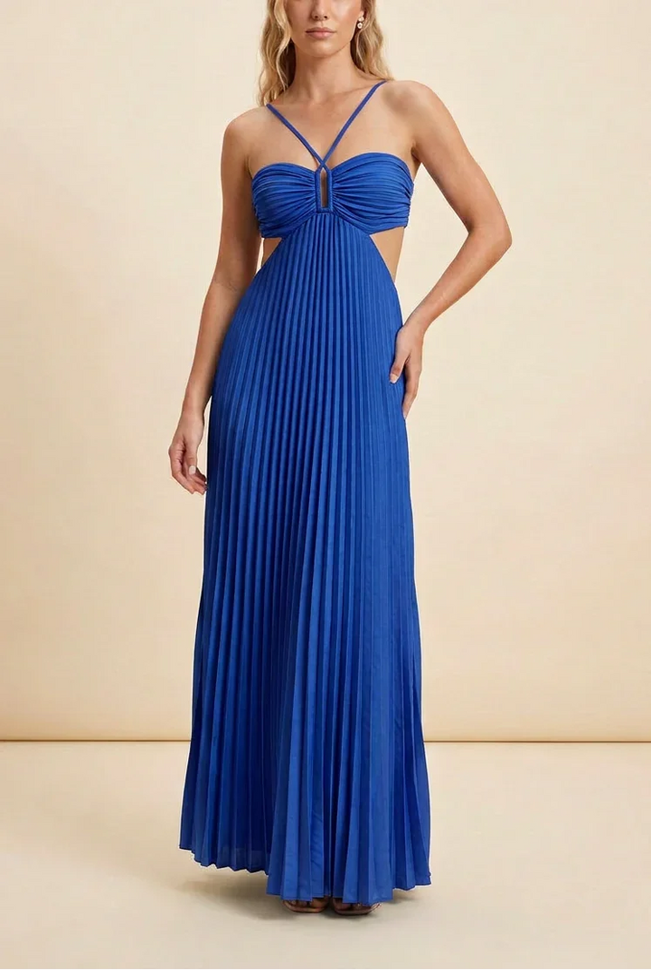 Long Pleated Dress for Women with Open Back