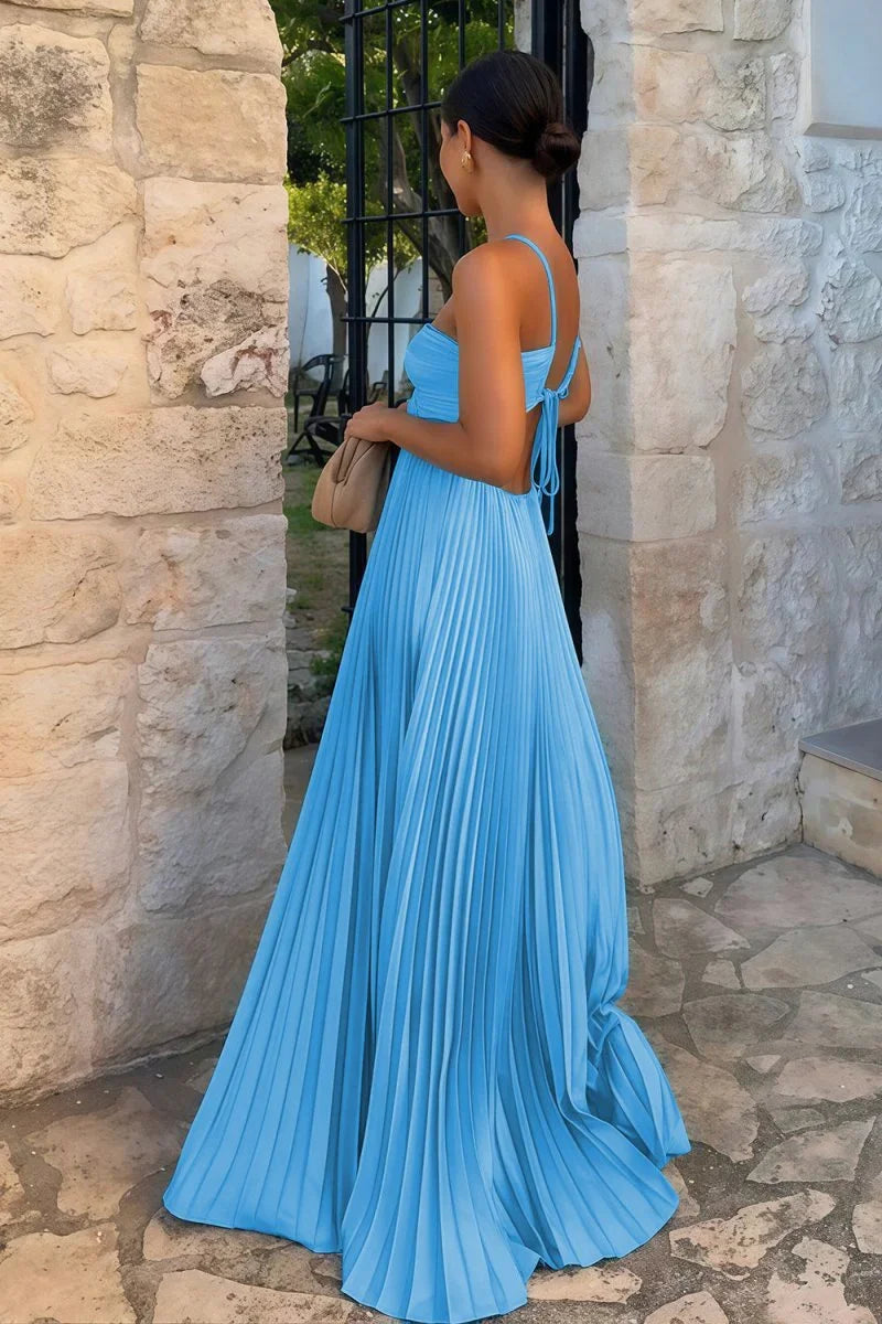 Long Pleated Dress for Women with Open Back