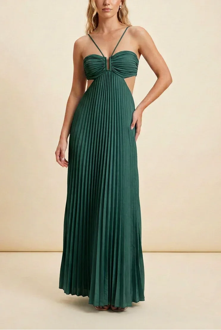 Long Pleated Dress for Women with Open Back