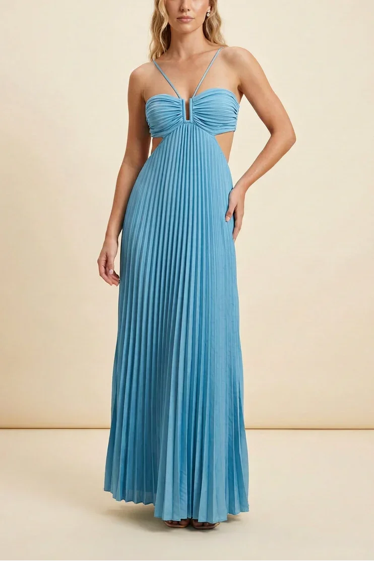 Long Pleated Dress for Women with Open Back