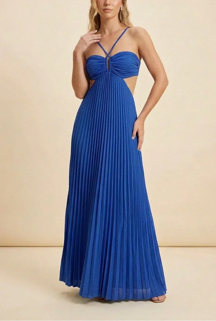 Long Pleated Dress for Women with Open Back