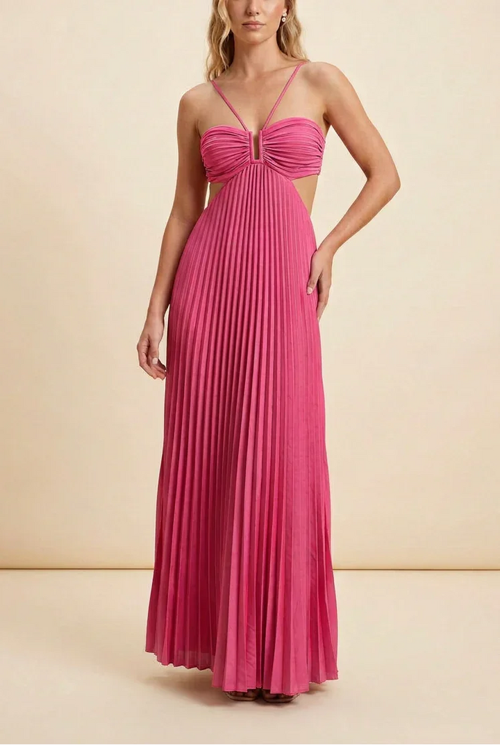 Long Pleated Dress for Women with Open Back