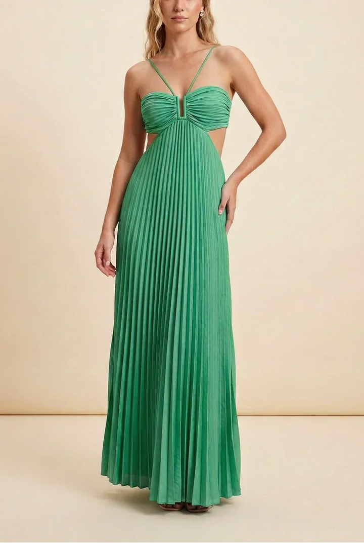 Long Pleated Dress for Women with Open Back