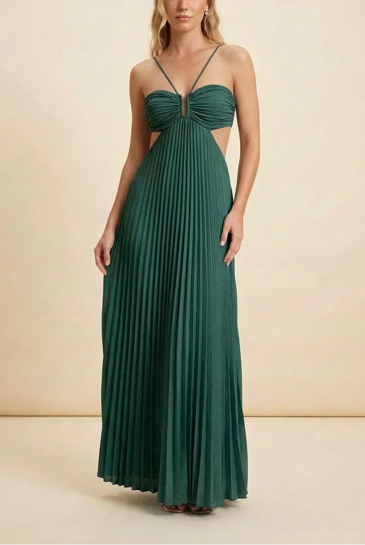 Long Pleated Dress for Women with Open Back
