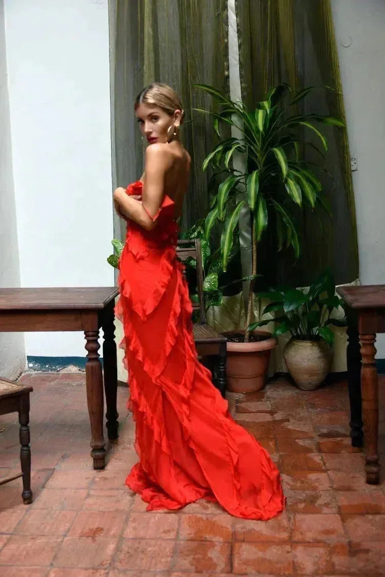 Maxi Ruffle Dress with Shoulder Straps for Women